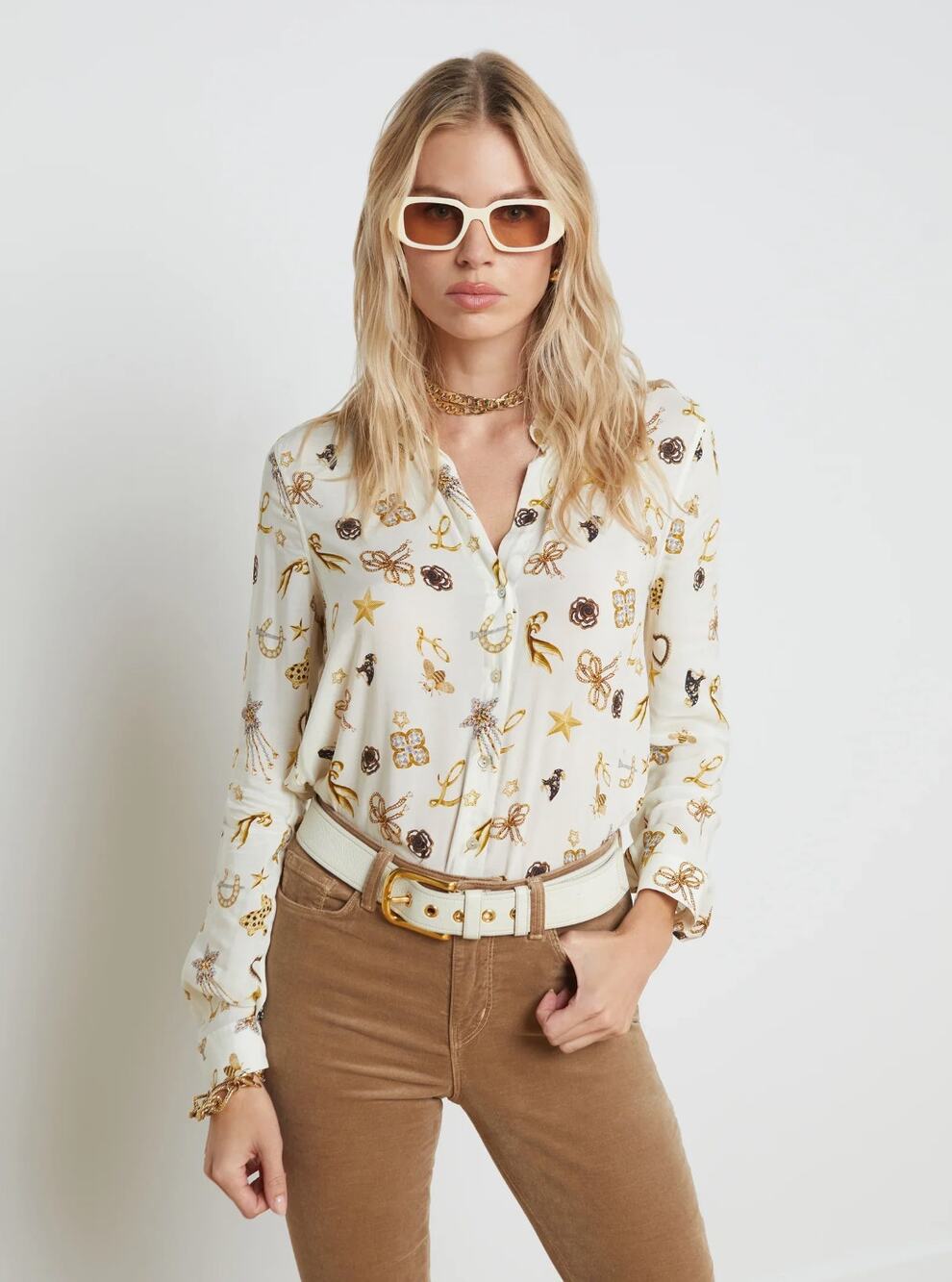 L'Agence Holly Blouse in the Ecru Multi Brooch Print Viscose Women's Size Small